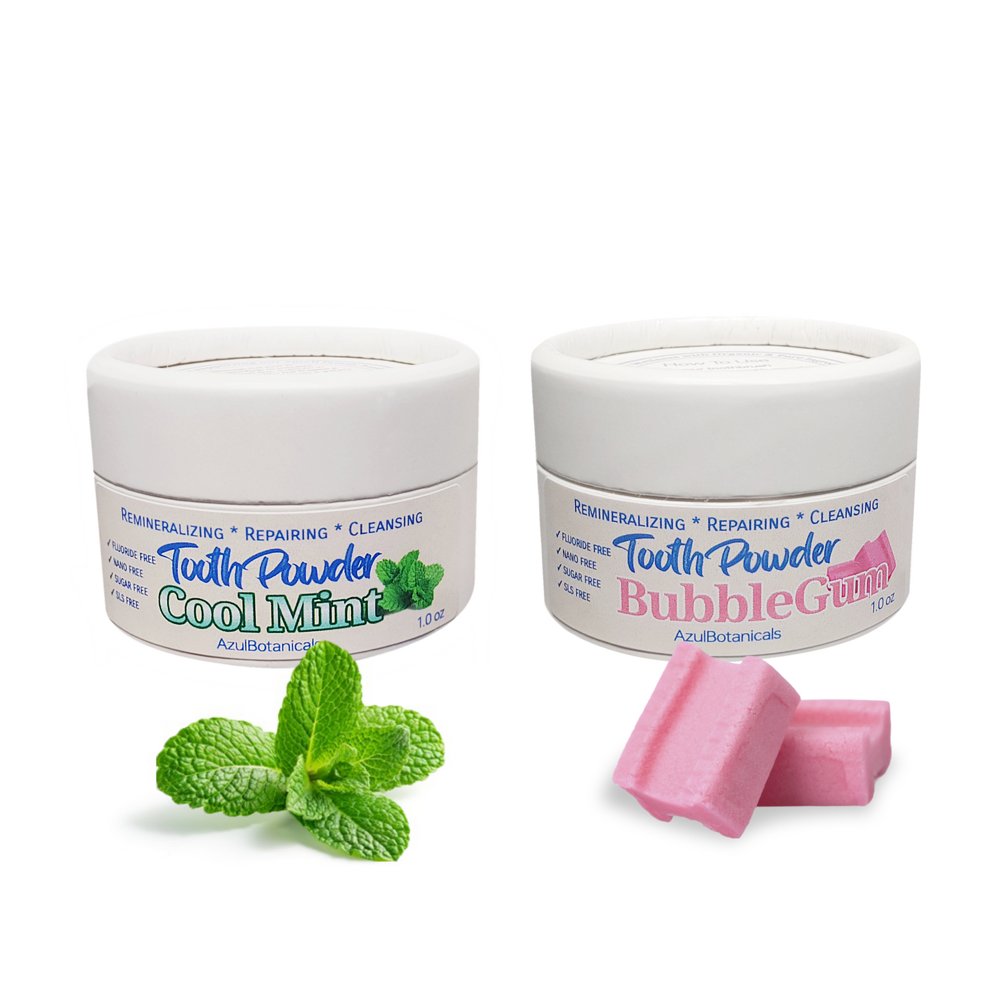 Remineralizing & Cleansing Tooth Powder 2 Pack , Cool Mint and Bubblegum 1 oz Each. Fluoride Free, SLS Free, Nano Free for Organic Oral Wellness