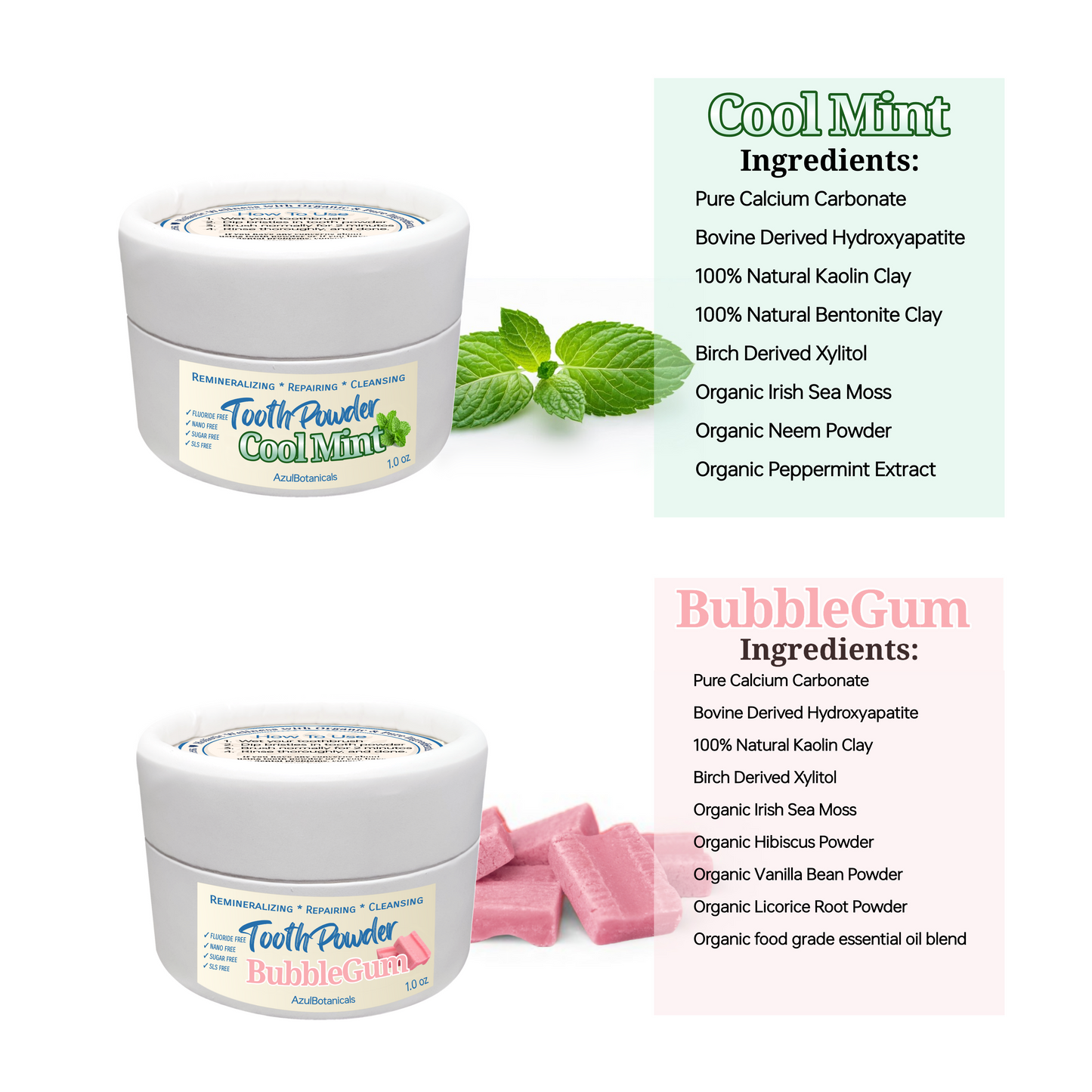 Remineralizing & Cleansing Tooth Powder 2 Pack , Cool Mint and Bubblegum 1 oz Each. Fluoride Free, SLS Free, Nano Free for Organic Oral Wellness