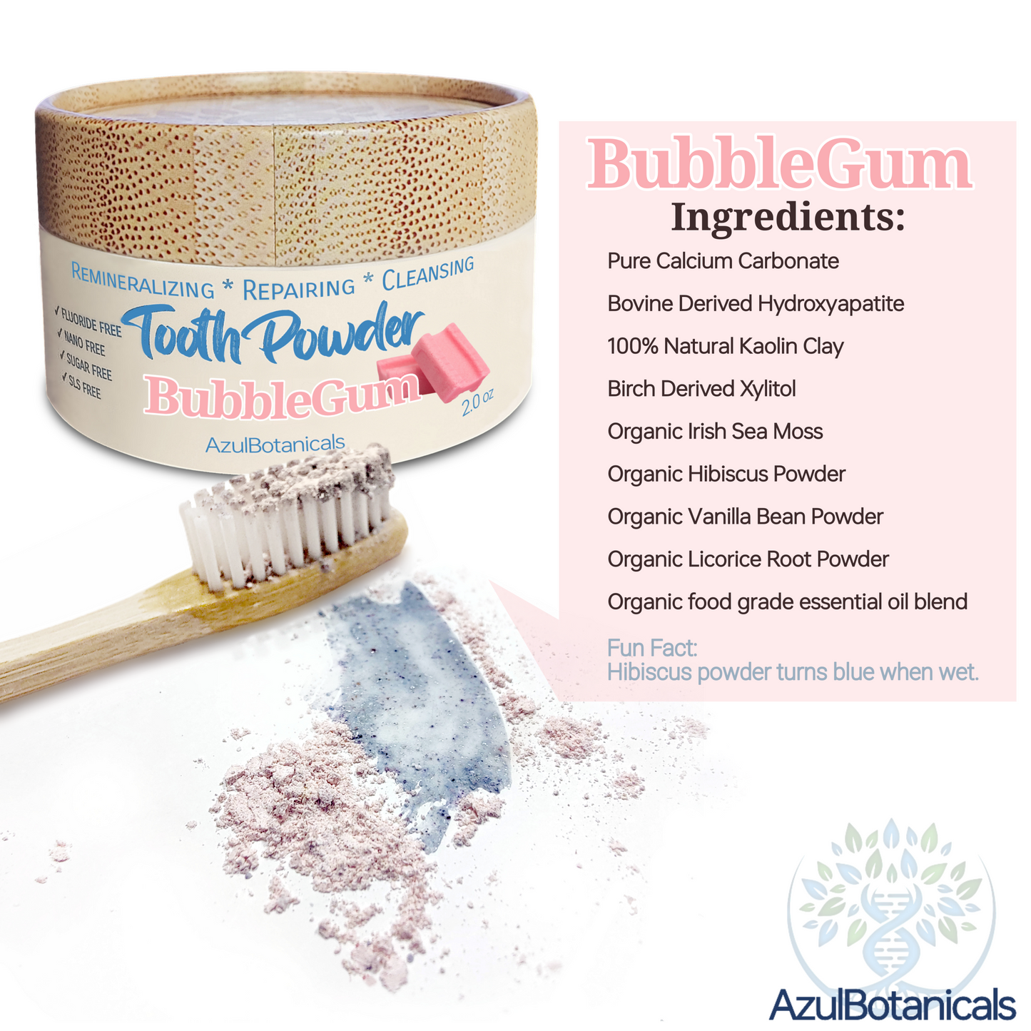 Remineralizing & Cleansing Tooth Powder, BubbleGum. Fluoride Free, SLS Free, Nano Free for Organic Oral Wellness 1 oz (2 Pack))
