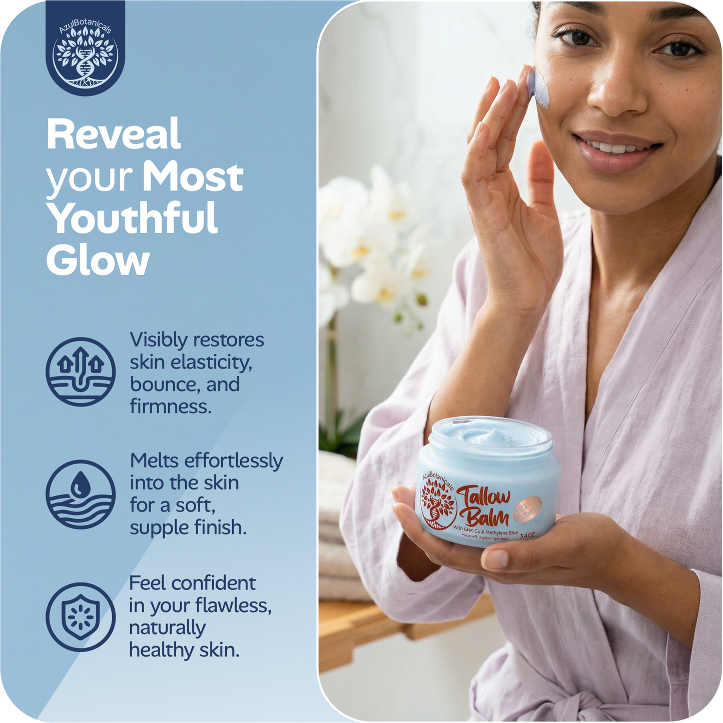 Woman applying azulbotanicals tallow balm cream with text about product benefits on a blue background