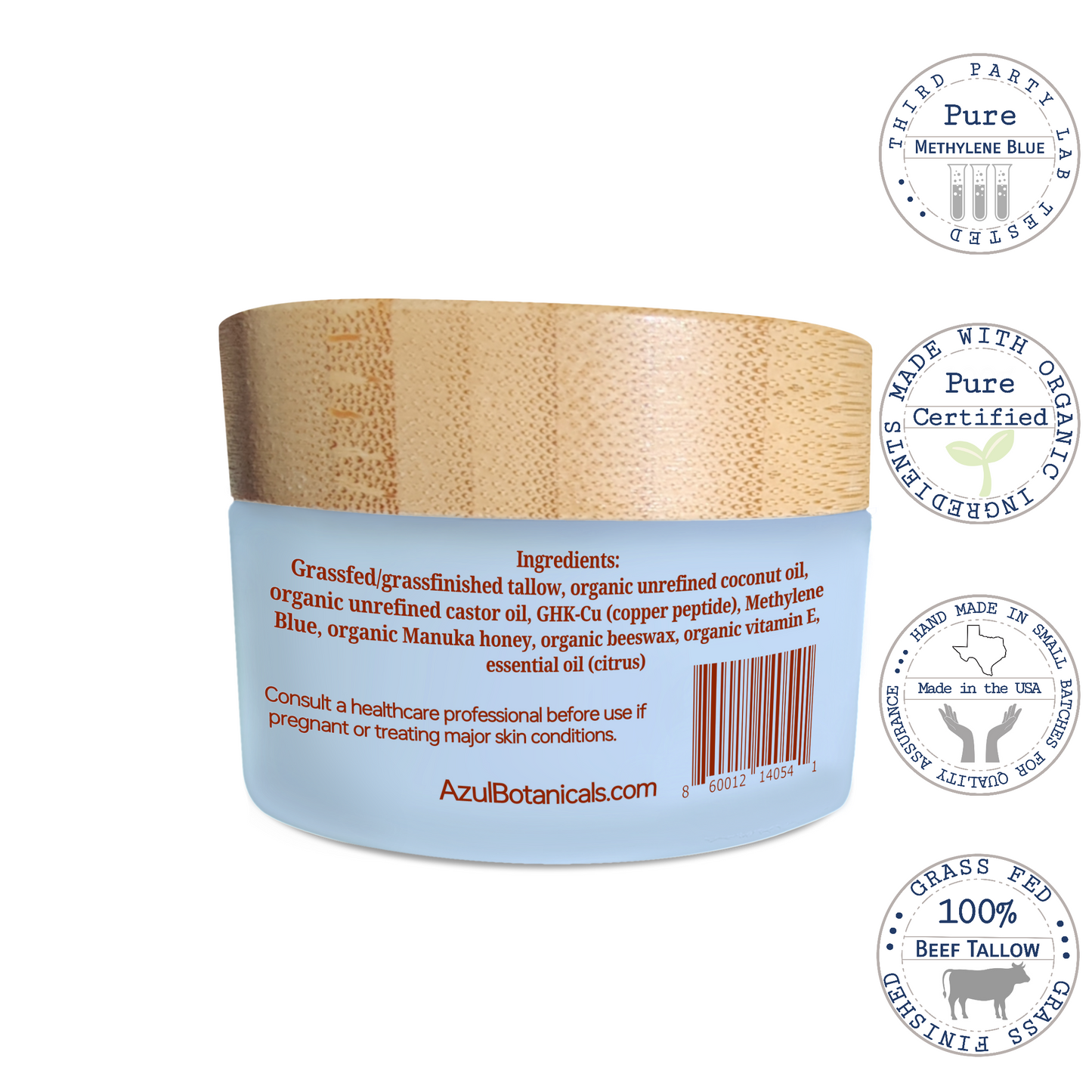 Anti-aging GHK-Cu Copper Peptide, Methylene Blue infused Whipped Grass fed/finished Tallow Balm