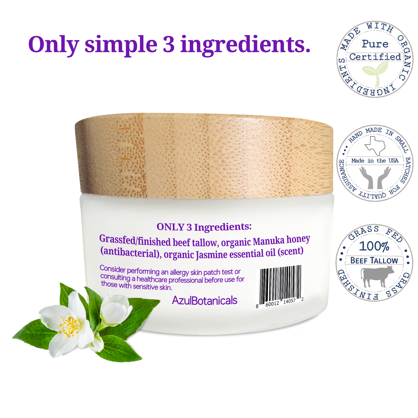 Simply Whipped Tallow Balm, Only 3 Ingredients, Grassfed/finished Beef Tallow, Organic Manuka Honey, and Jasmine Essential Oil (1.7 oz)