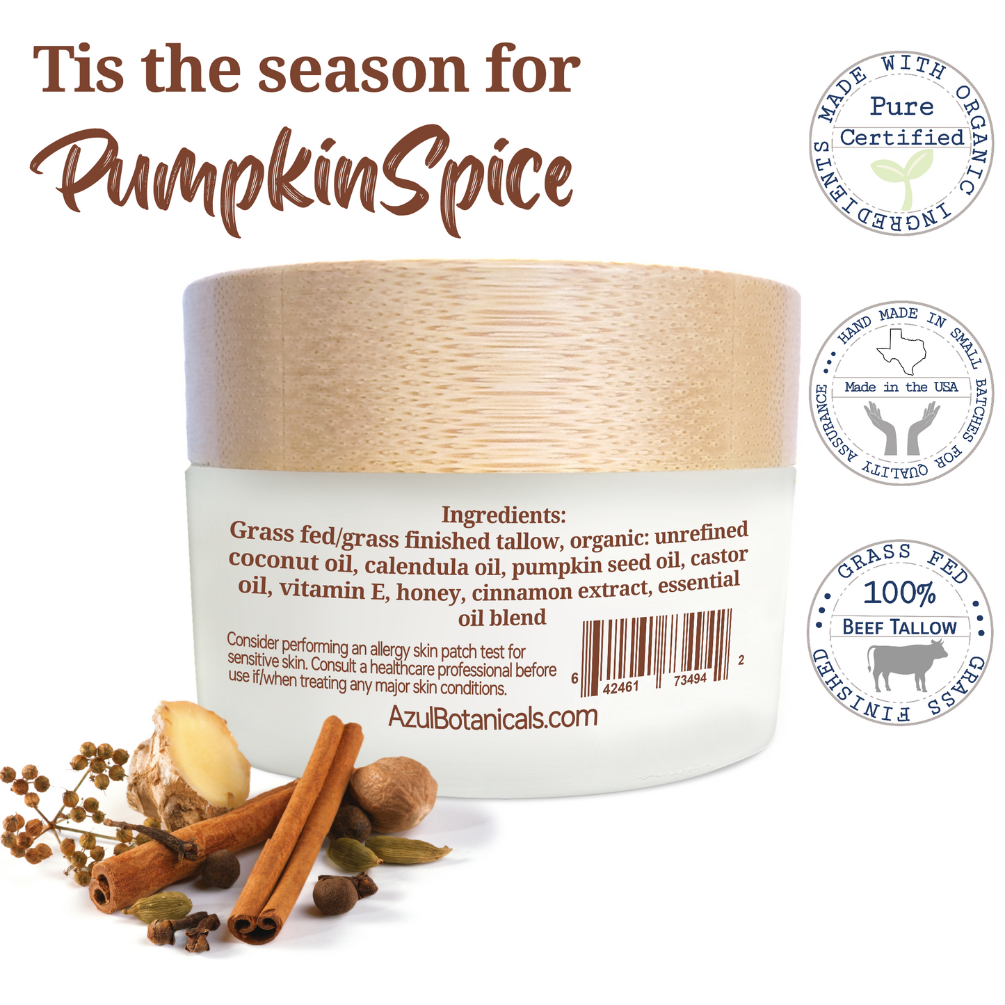 Pumpkin Spice Tallow Balm, with Pumpkin Seed Oil and Pumpkin Spice Essential Oil Blend, All Organic Ingredients