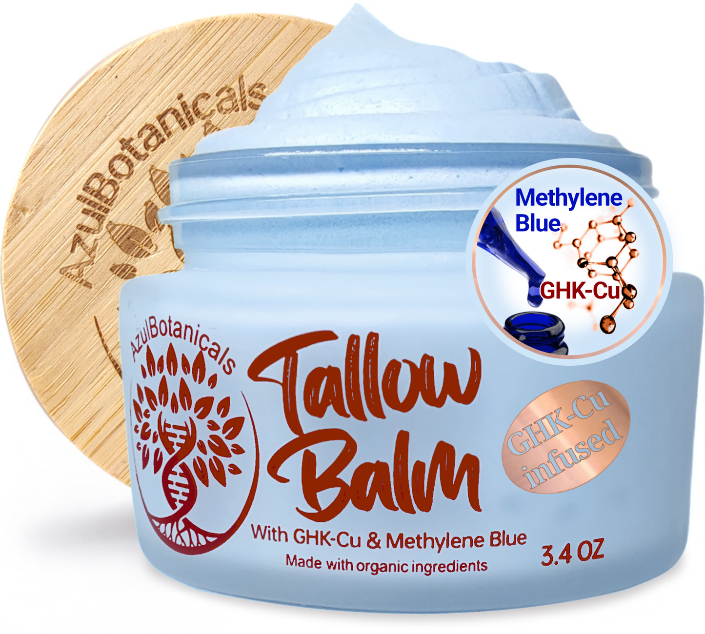 Anti-aging GHK-Cu Copper Peptide, Methylene Blue infused Whipped Grass fed/finished Tallow Balm