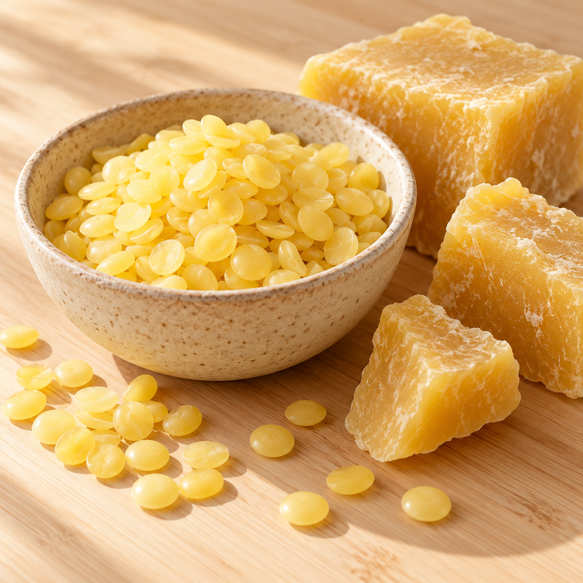 Golden beeswax pastilles in a ceramic bowl beside textured beeswax blocks on a light wood surface