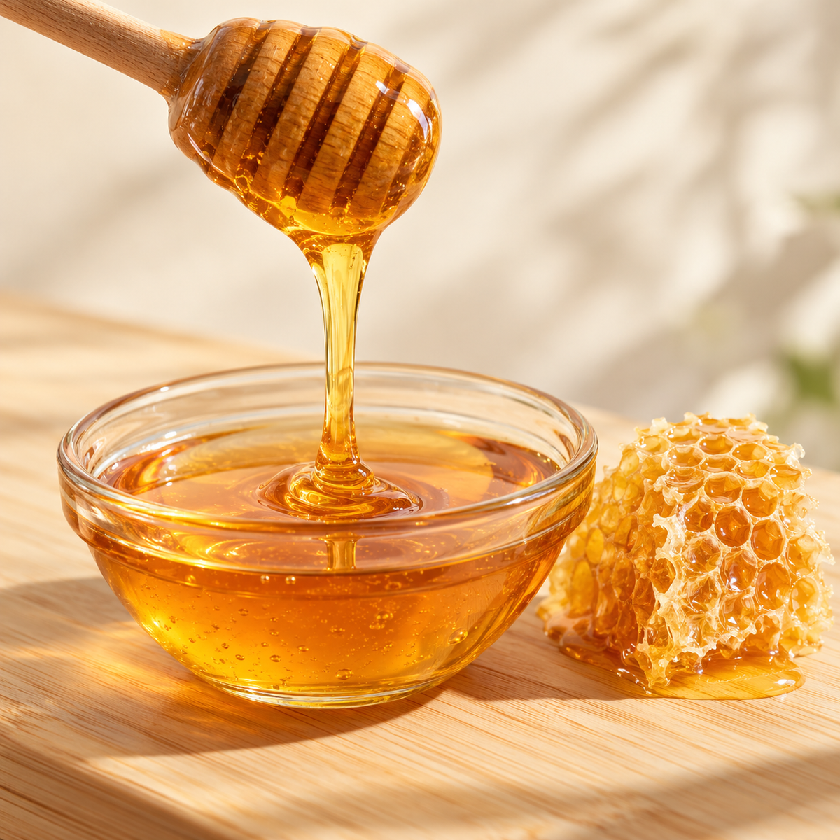 Golden honey flowing from a wooden dipper into a glass bowl beside a piece of honeycomb