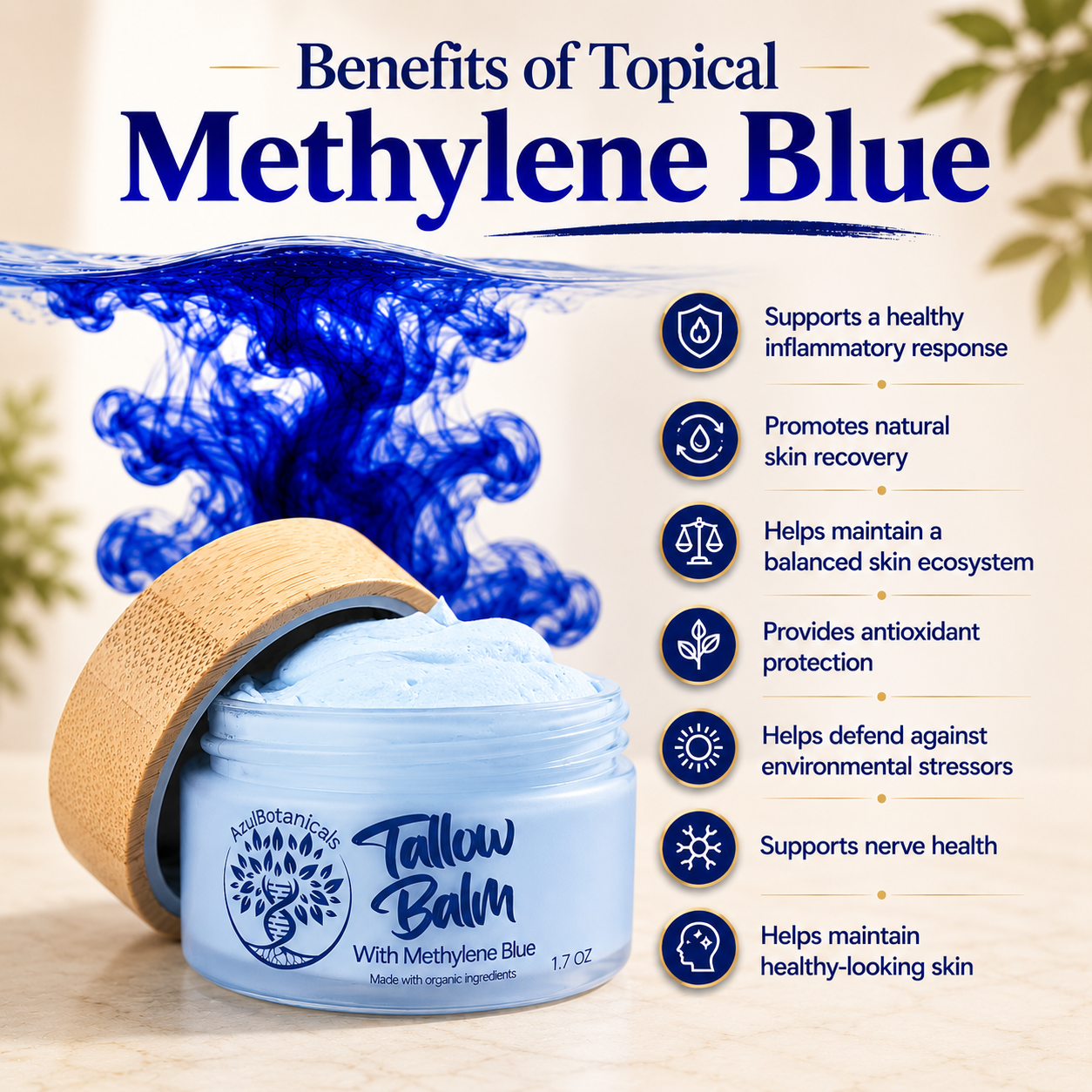 Tallow Balm jar with Methylene Blue benefits listed on a beige background