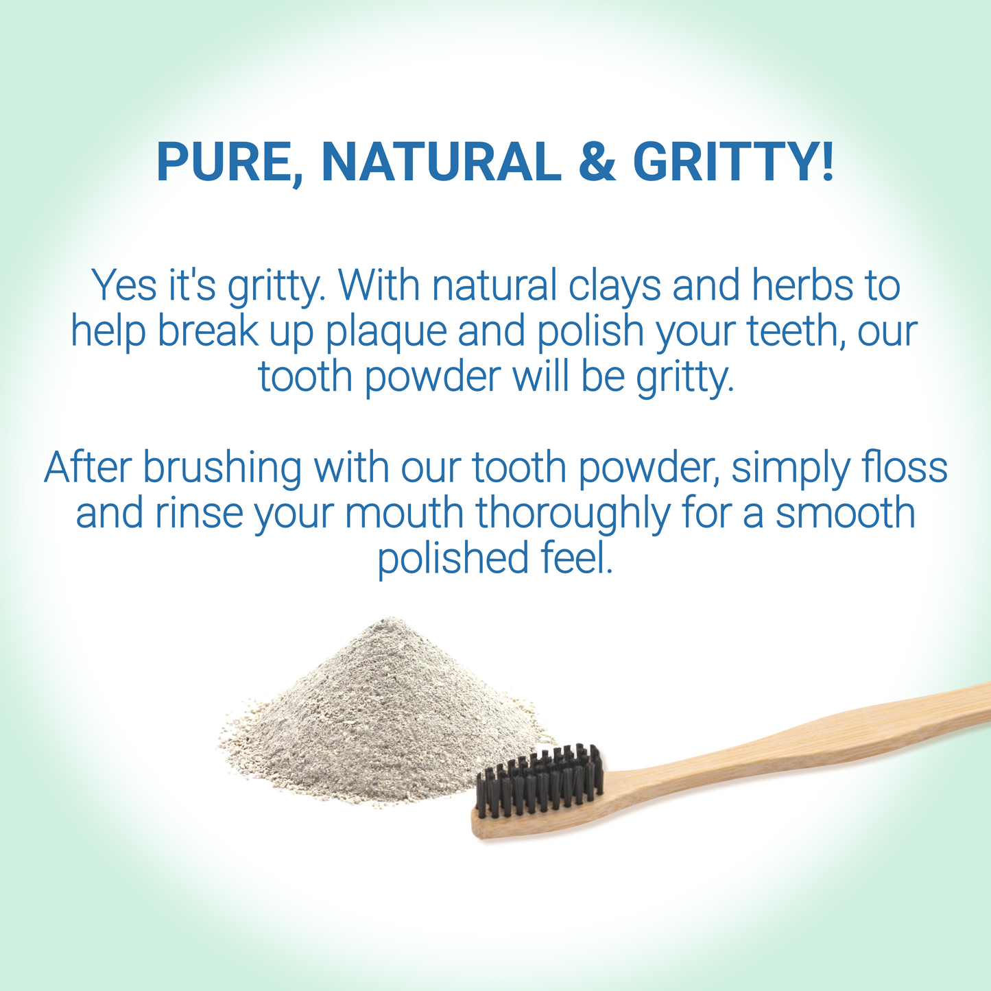 Bamboo toothbrush with tooth powder on a light green background