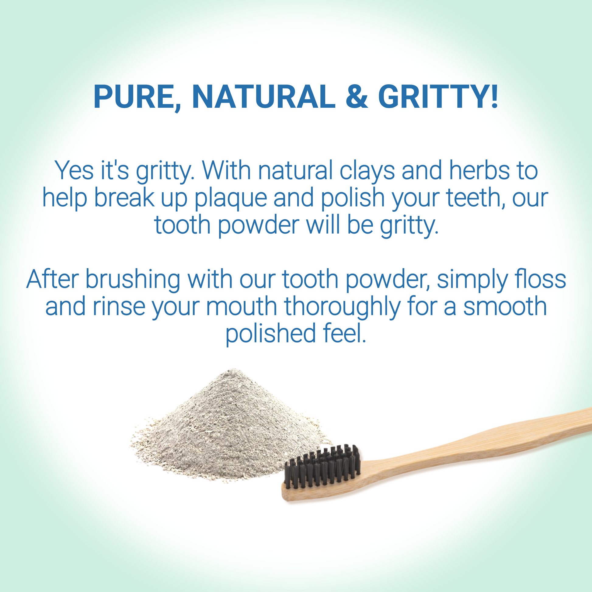Bamboo toothbrush with tooth powder on a light green background