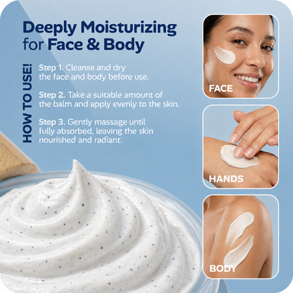 Cosmetic balm packaging with application instructions and images of use on face, hands, and body.