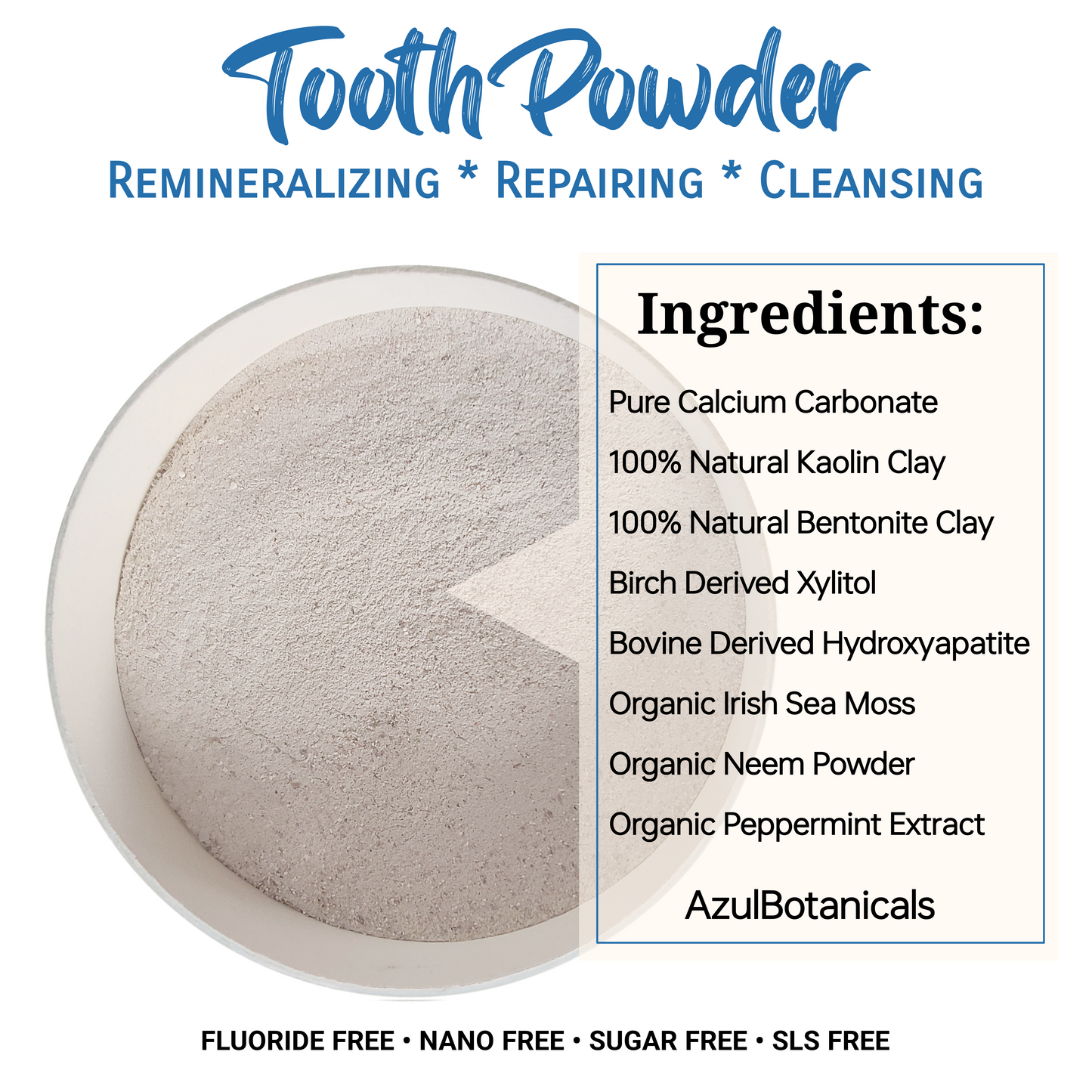 an ingredients list for azulbotanicals mint toothpowder